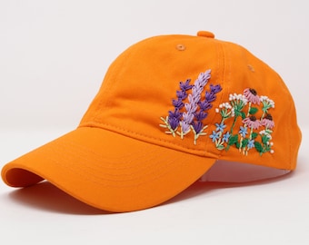 Hand Embroidered Flower Garden Cotton Baseball Cap, Hand Embroidered Multi Color Orange Hat, Curve Brim Summer Cap, Unique