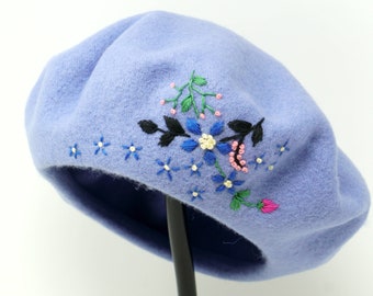 Handmade Hand Embroidered Blue Scatter Flower 100% Wool Beret Hat, Warm Winter Blue French Cap Cute