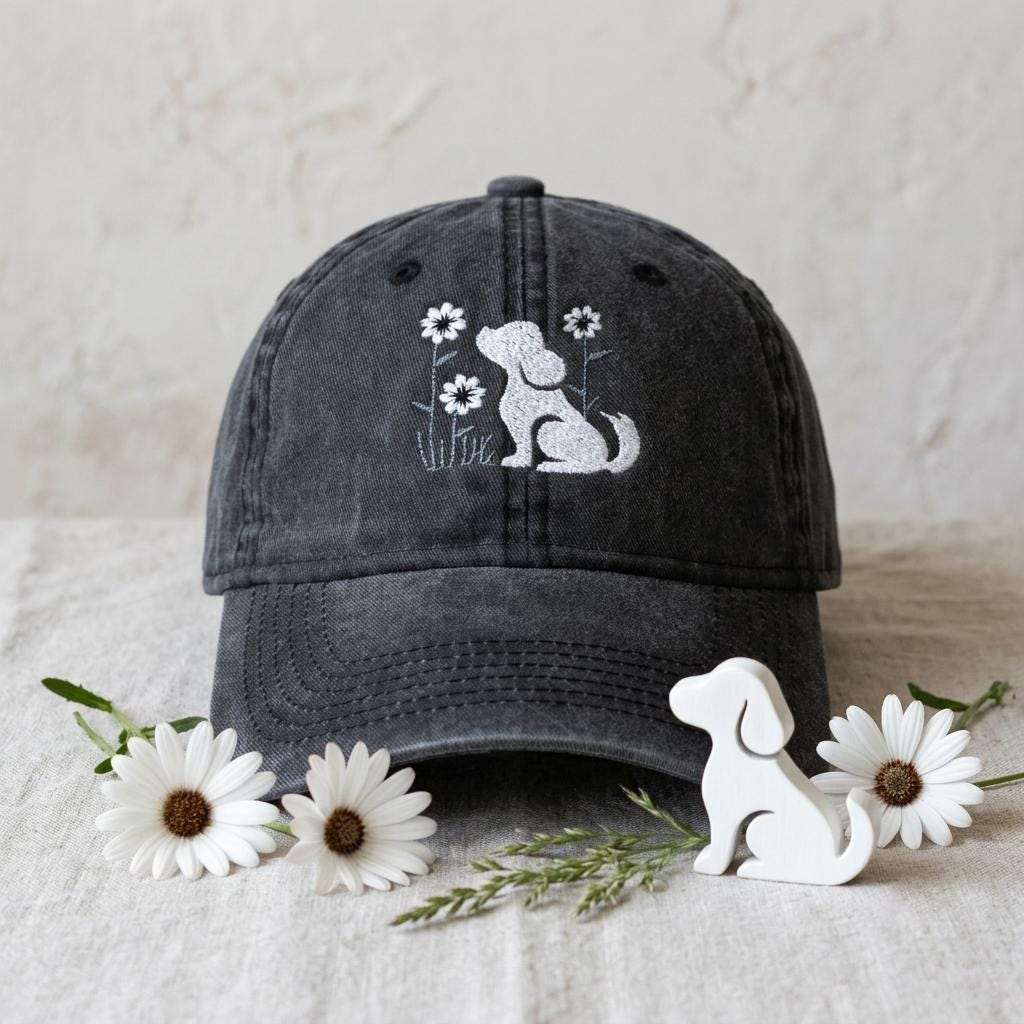 Dog and Flower Embroidered Puppy Baseball Cap, Washed Cotton Curve Brim Summer Hat