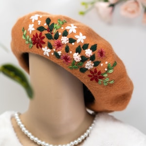 Hand Embroidered Wool French Beret with Floral Accent | Pumpkin Artisan Flower Beret | Unique Winter Hat