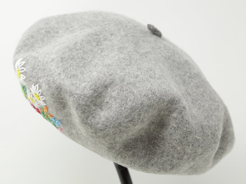 Embroidered Beret Hand Embroidered Hat Wool Beret Winter Beret Sunflower Hat Light Grey Winter Hat Beret Hat
