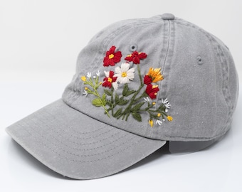 Personalized Flower Design Baseball Cap | Handcrafted Natural Grey Cotton Hat | Botanical Fashion