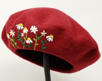100% Wool Beret Hat, Winter French Cap w/ Hand Embroidered Flower Burgundy Red