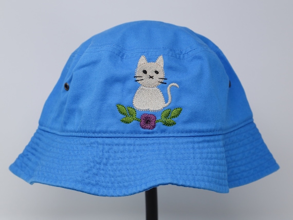 Washed Cotton Bucket Hat, Cute Little White Kitten Cat Embroidered Sun Hat,  Short Brim Blue Bucket Hat, Camping Hiking Fishing 