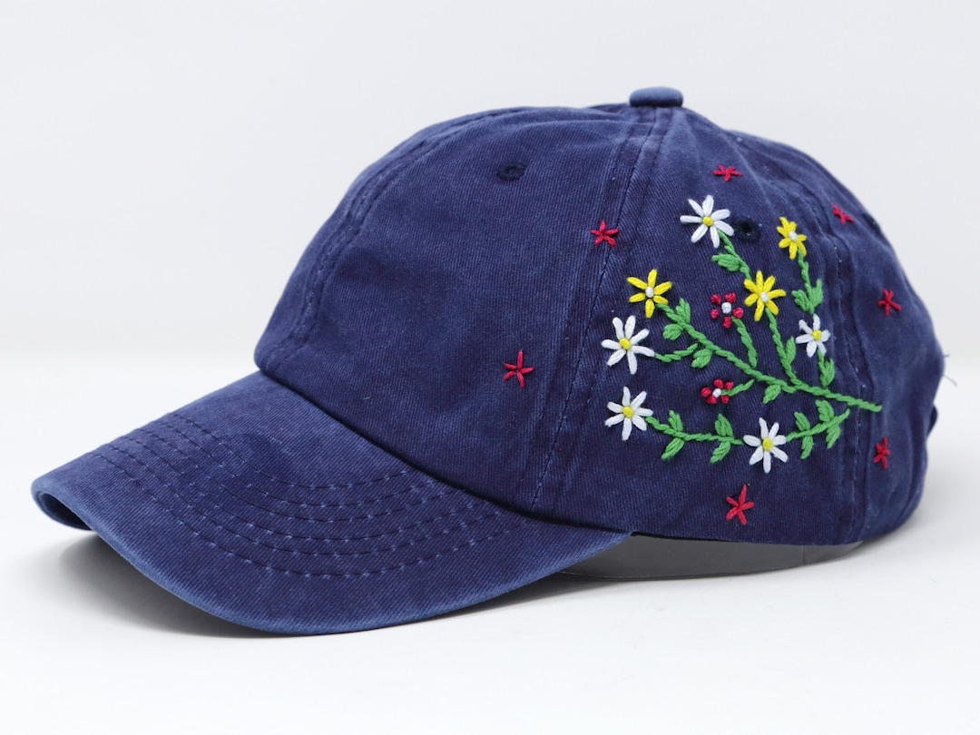 100% Hand Embroidered Daisy Flower Baseball Cap Washed Cotton Hat Jean ...