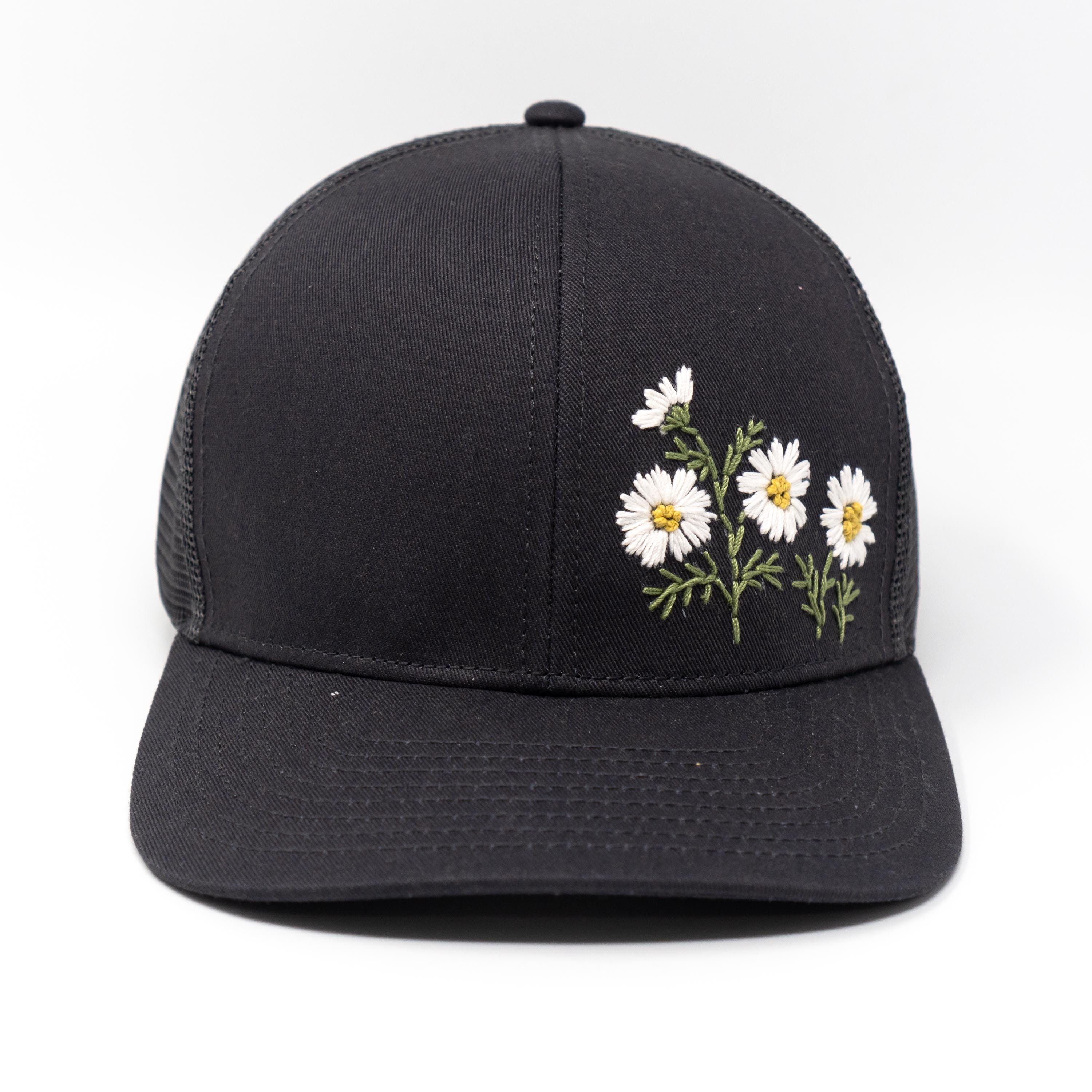 Hand-embroidered Daisy Trucker Hat – Black Floral Mesh Back  display picture 1