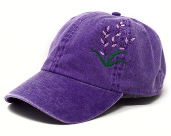 Lavender Embroidered Purple Blue Flower Baseball Cap, Washed Cotton Curve Brim Summer Hat