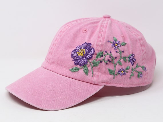 Wash Cotton Baseball Cap Large Hand Embroidered Purple Flower - Etsy