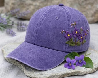 Casquette de baseball en coton violette avec fleurs violettes brodées à la main - Casquette réglable de style vintage pour femme et homme