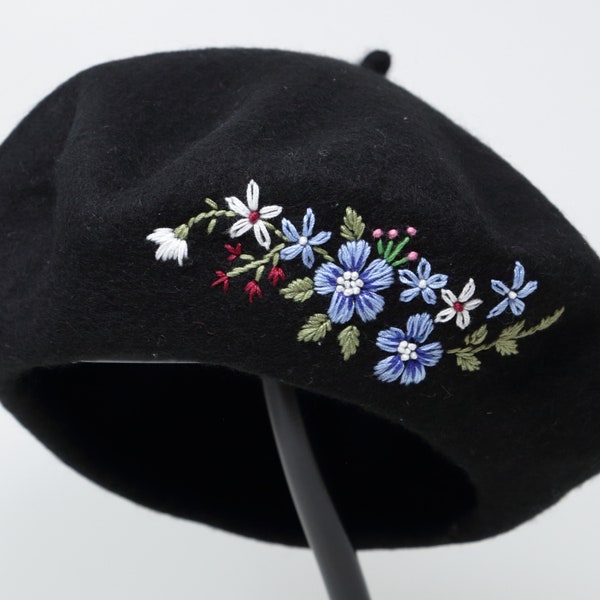 French Wool Beret Hat, Cute Hand Embroidered Blue Flower Beret, Black Wool Winter Hat, Winter Cold Weather Beret