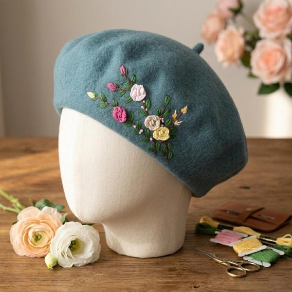 Boina bordada à mão com flor de rosa, chapéu de lã francesa de inverno, chapéu elegante