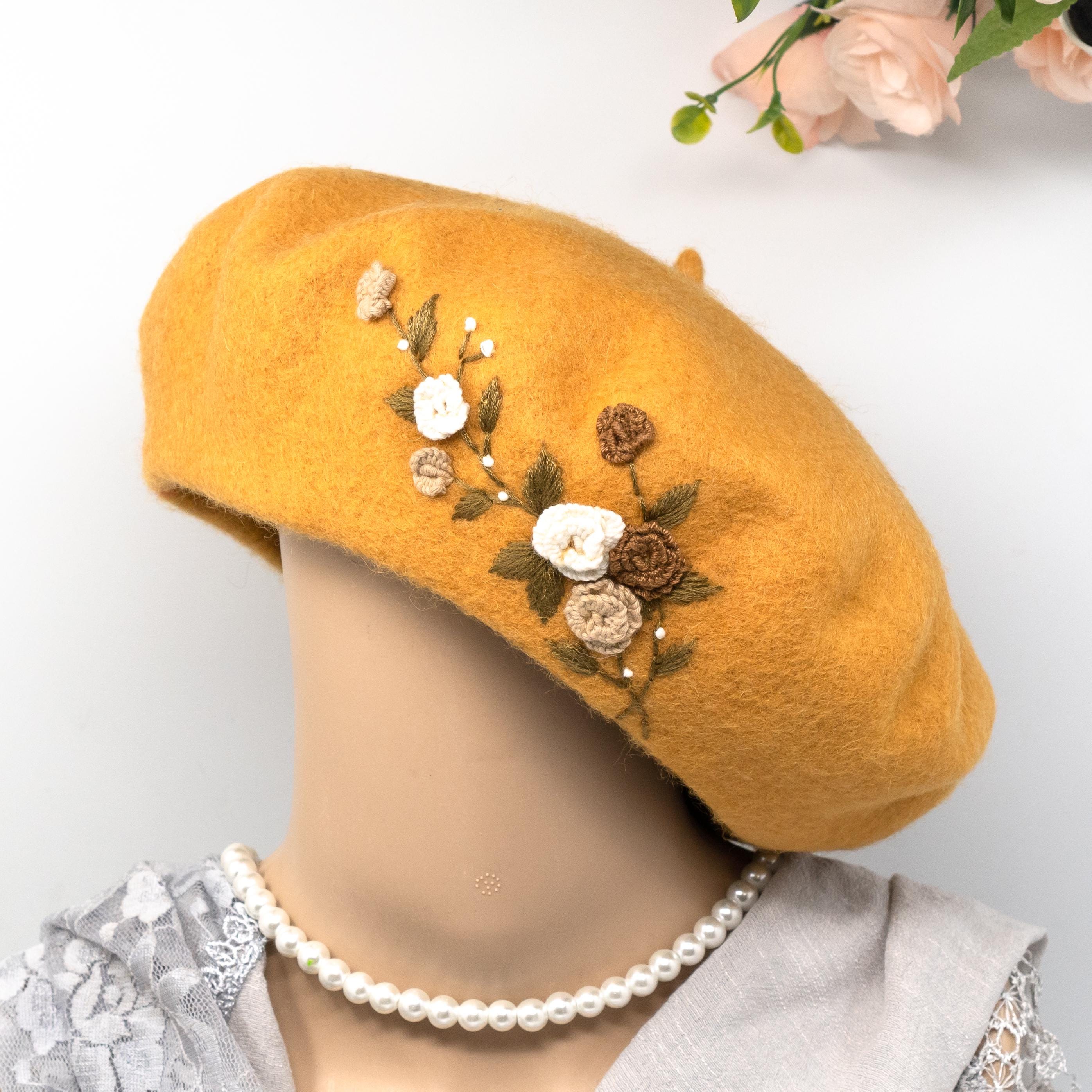 8216 Women Classic French Beret Lady Vintage Rose Embroidery Floral Wool Handmade Rose Floral Embroidery Cream White Wool Beret  main image 2