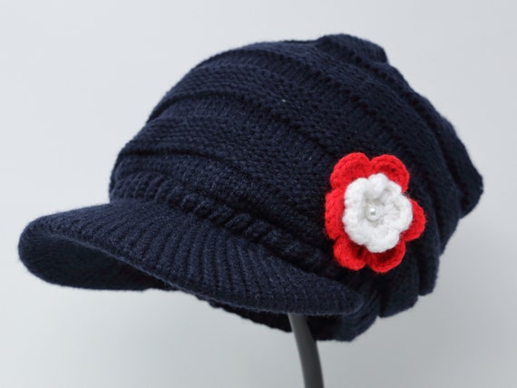 Winter Knit Hat with Crochet Visor Brim and Flower Accent Women main image 2