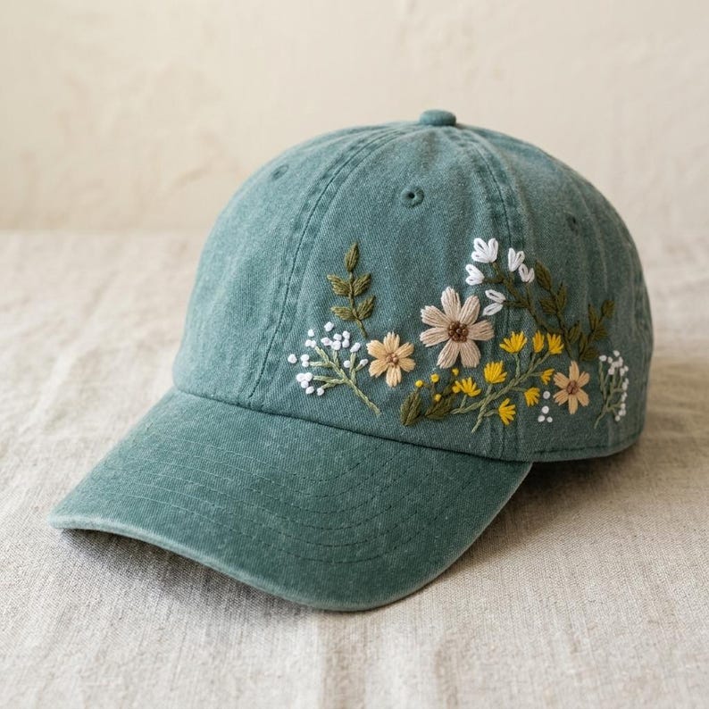 Hand Embroidered Floral Baseball Cap | 100% Cotton Hat | Botanical ...