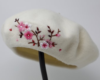 Hand Embroider Cherry Blossom Wool Beret Hat, 100% Wool French Cap, Warm Winter Hat for Women