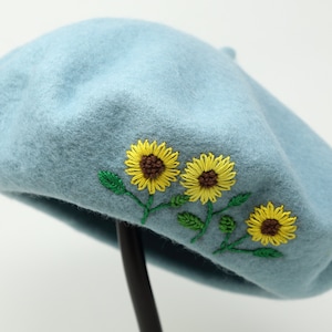 100% Wool Beret Hat, Winter French Cap Hand Embroidered Sunflower Teal Blue