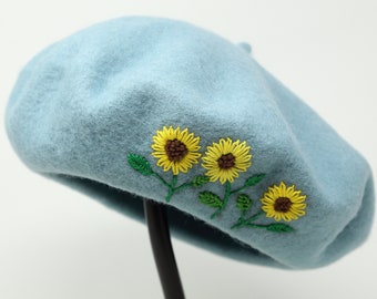 100% Wool Beret Hat, Winter French Cap Hand Embroidered Sunflower Teal Blue