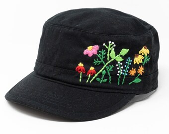 Wash Cotton Hand Embroidered Flower Cadet Flat Cap, Colorful Military Patrol Hat, 100% Cotton Curve Brim Flower Cadet, Summer Sun Hat