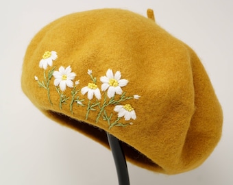 Handmade Hand Embroidered Mustard Yellow Beret Wild White Daisy Flower 100% Wool Beret Hat, Warm Winter French Cap Classy