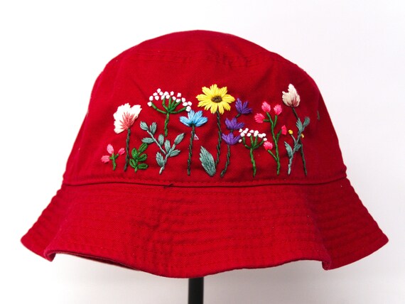 Embroidered Flower Sun Hat Bright Red - Hand-stitched With  display picture 1