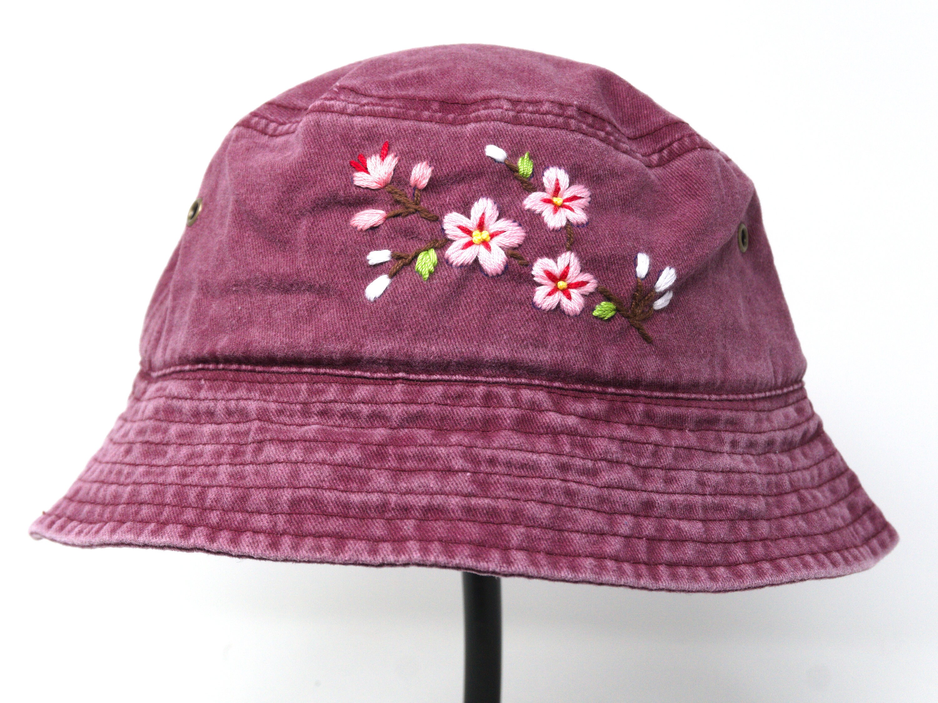 Washed Cotton Bucket Hat, Hand Embroidered Cherry Blossom 
