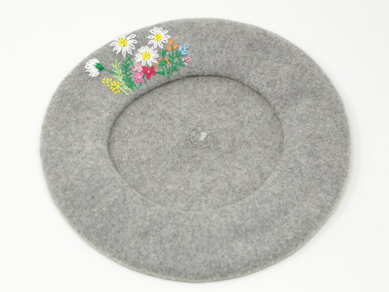 Embroidered Beret Hand Embroidered Hat Wool Beret Winter Beret Sunflower Hat Light Grey Winter Hat Beret Hat
