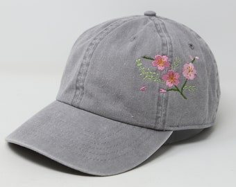 Casquette de baseball Sakura fleurs de cerisier brodées, chapeau d'été en coton lavé avec bord incurvé gris