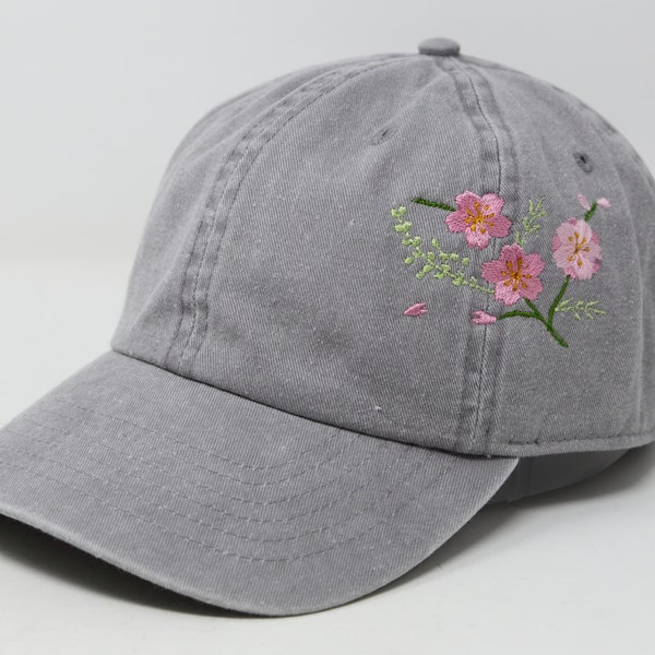 Flower Embroidered Cherry Blossom Sakura Baseball Cap, Washed Cotton Curve Brim Summer Hat Grey