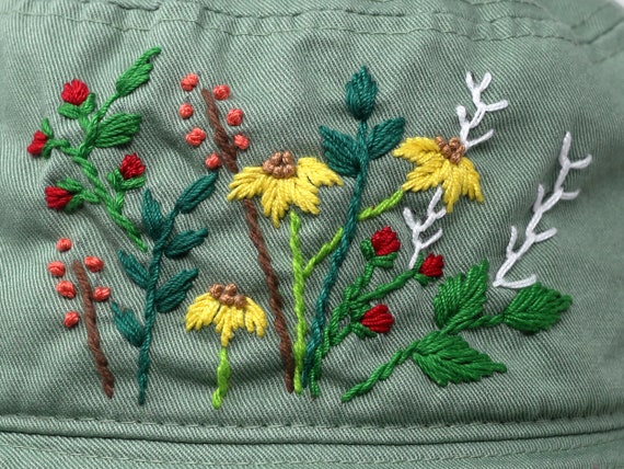 Hand Embroidered Wild Flower Garden Bucket Hat Green Cap  display picture 2