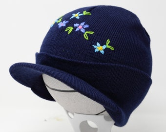 Hand Embroidered Cable Knit Beanie Hat with Brim Visor, Blue Scattered Flower Embroidered Winter Hat