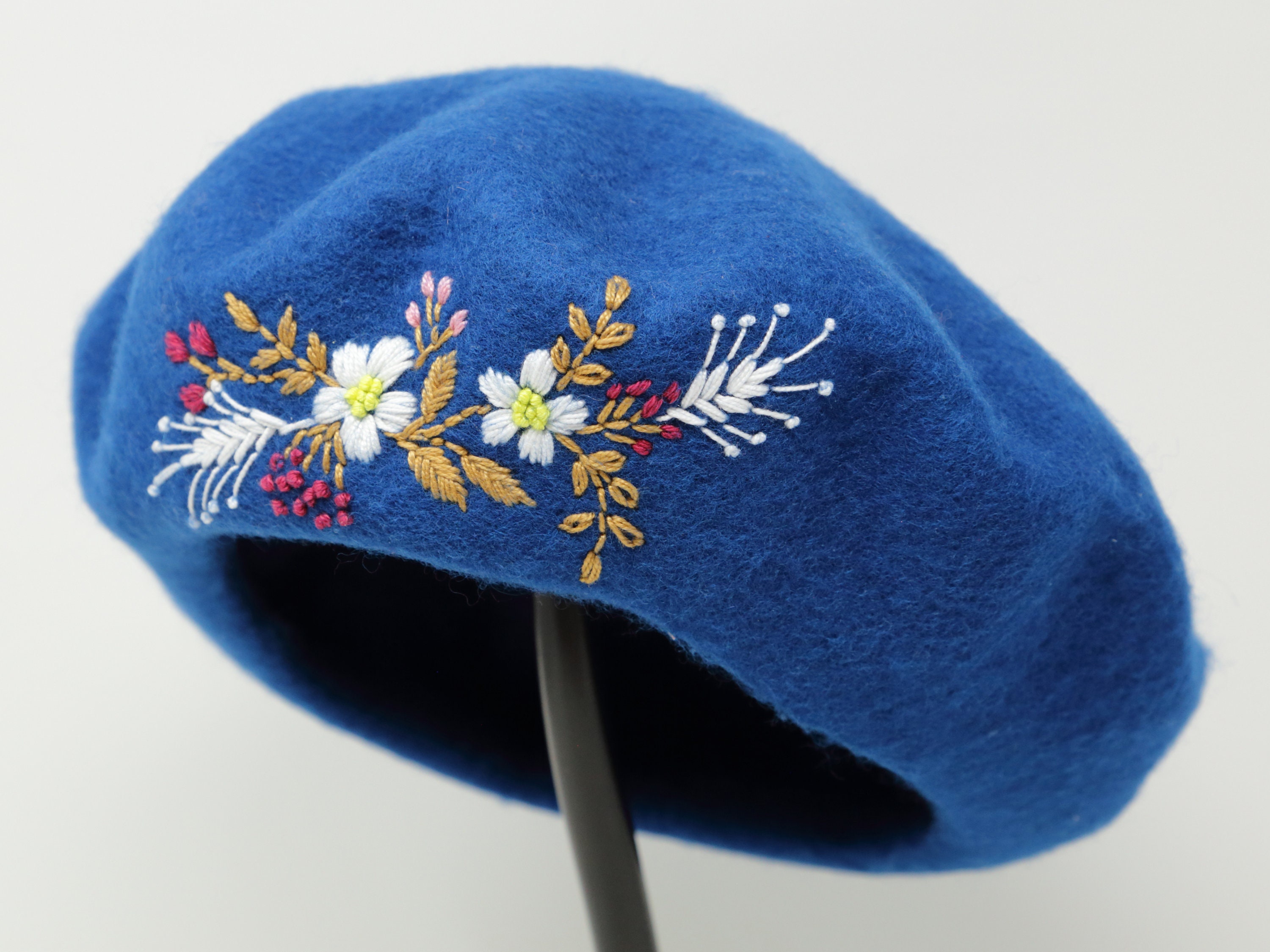 Beret Hat Flower Hat Wool Beret Hand Embroidered Hat Etsy