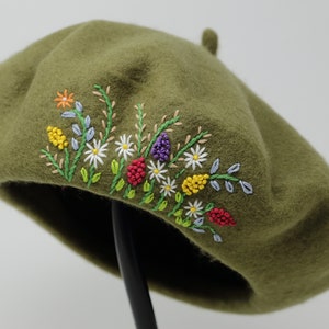 Unique Hand Embroidered Floral Garten Beret Cap, Warm Winter Grass Green French Hat, Handmade Flower Hat