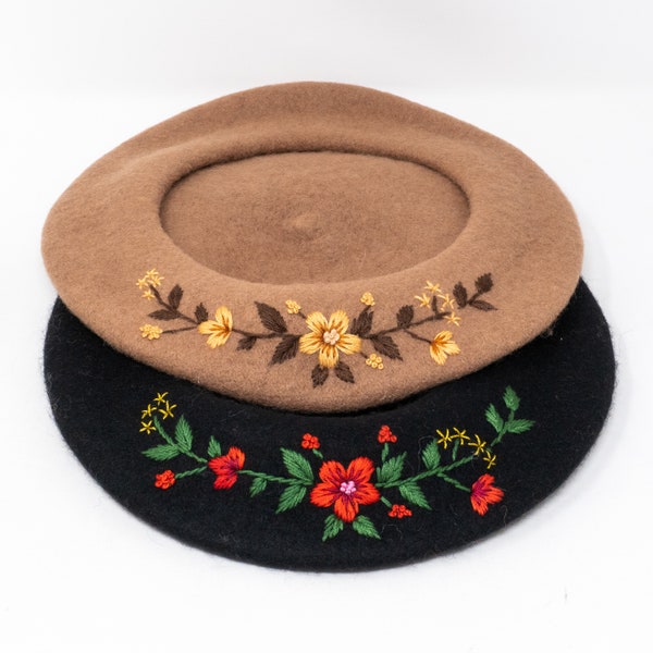 Handcrafted Wool Beret with Floral Embroidery – Khaki Brown French Elegance and Style