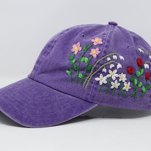 Wash Cotton Purple Baseball Cap, Hand Embroidered Flower Hat Cap, Curved Brim Baseball Hat, Purple Summer Cap