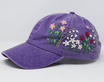 Wash Cotton Purple Baseball Cap, Hand Embroidered Flower Hat Cap, Curved Brim Baseball Hat, Purple Summer Cap