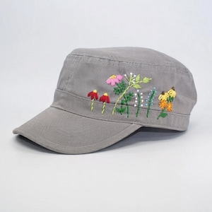 Wash Cotton Hand Embroidered Flower Cadet Flat Cap, Colorful Military Patrol Hat, 100% Cotton Curve Brim Flower Cadet, Summer Sun Hat