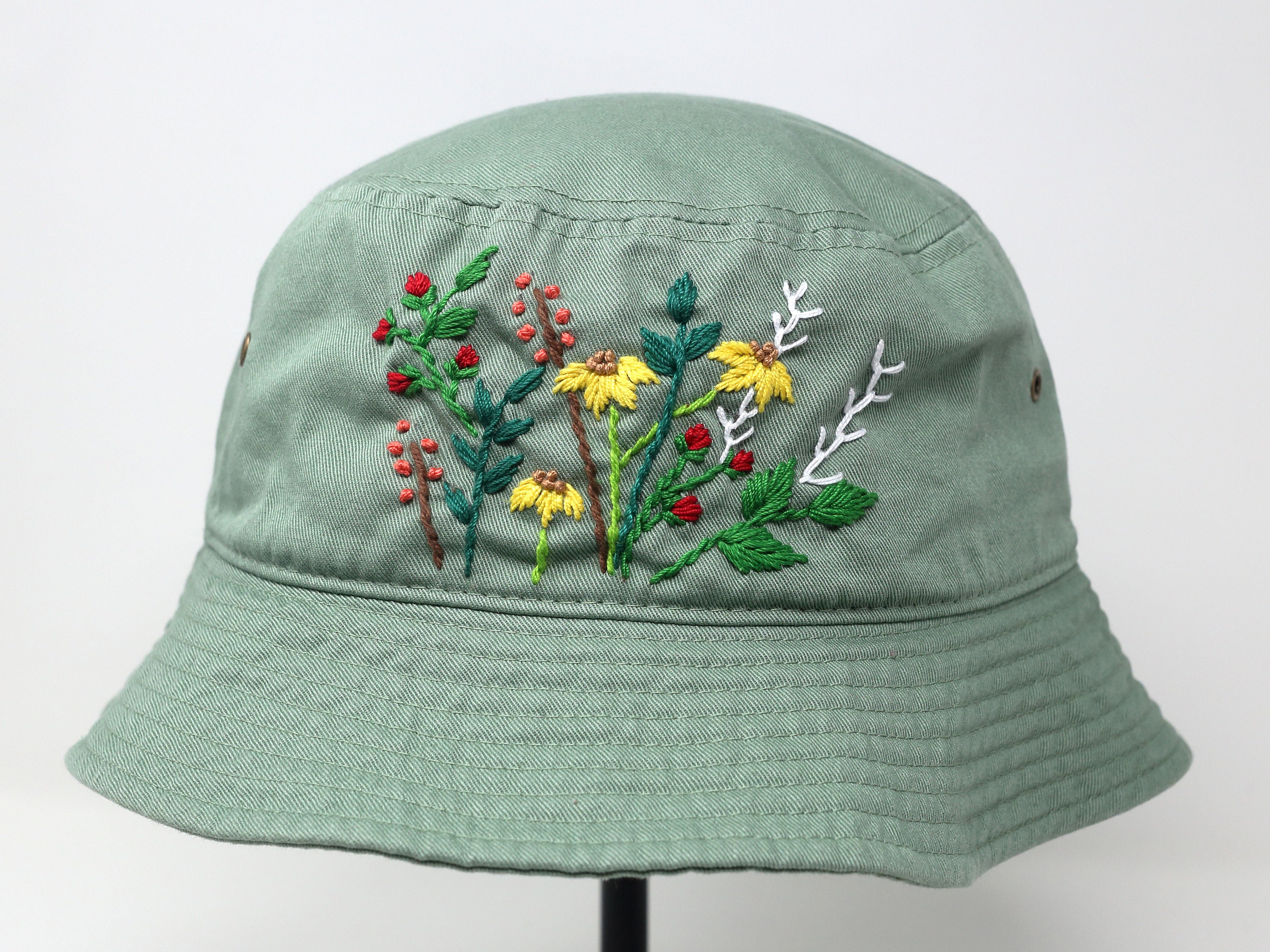 Hand Embroidered Wild Flower Garden Bucket Hat Green Cap 