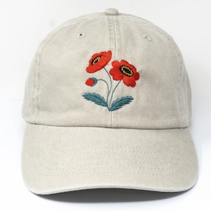 Red Poppy Flower Embroidered Baseball Cap, Washed Cotton