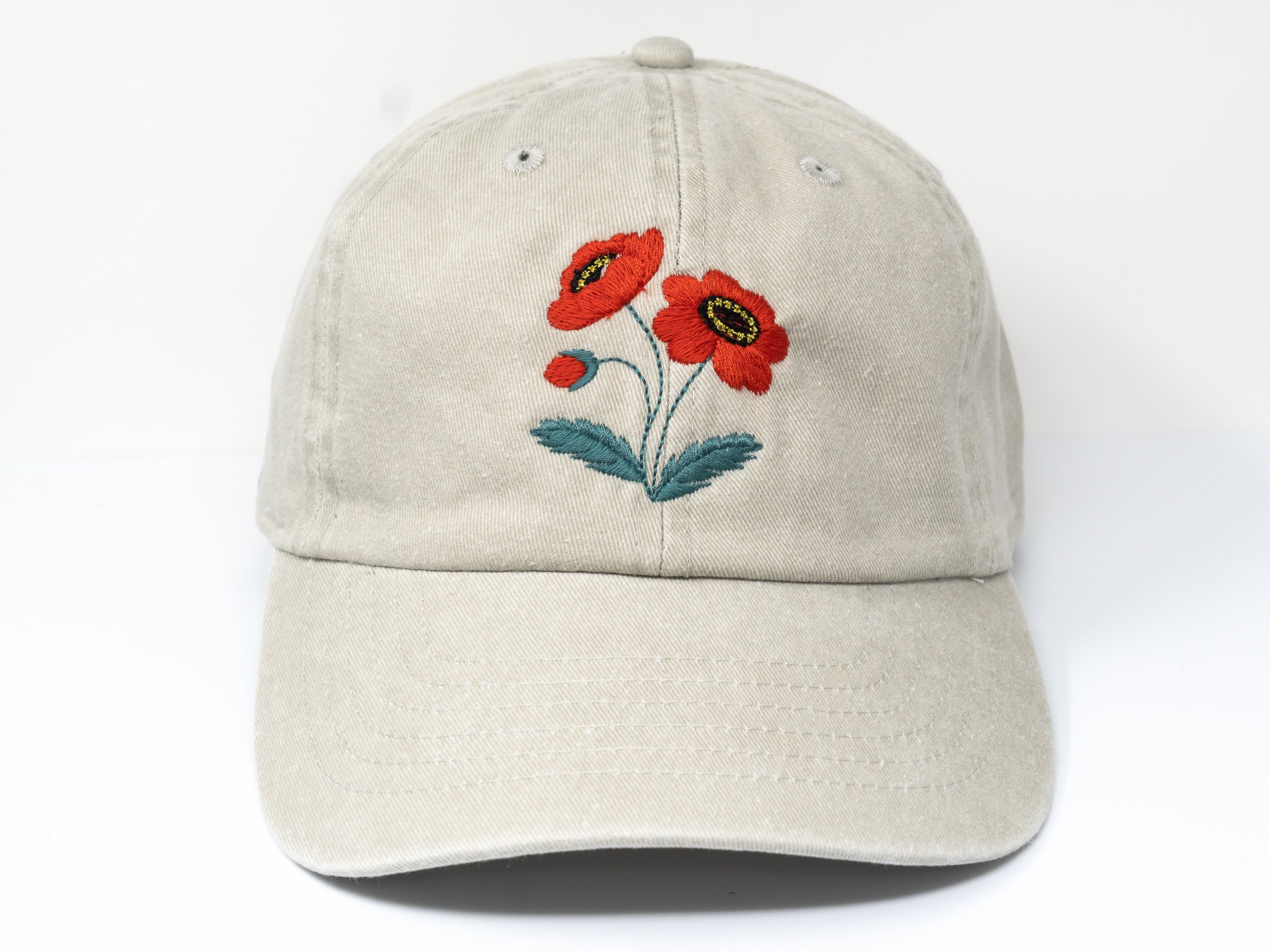 Red Poppy Flower Embroidered Baseball Cap, Washed Cotton Curve