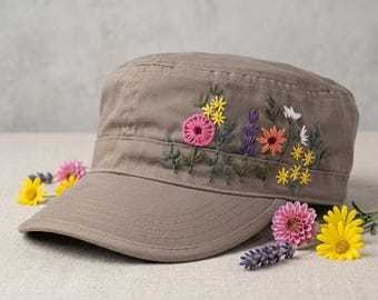 綿100％、手刺繍フラワーカデットフラットキャップ、カラフルなフラットパトロールハット、カーブブリムフラワーカデット、サマーサンハット