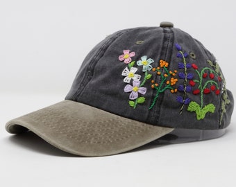 Wash Cotton Baseball Cap, Hand bestickte Blumen Mütze, 2 Ton Geschwungene Krempe BaseballHut, Militär Schwarz Grün Sommer Mütze