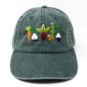 Hand Embroidered Mixed Vegetable Vege Garden Baseball Hat, Curved Brim Baseball Hat, Colorful Sun Summer Cap Green