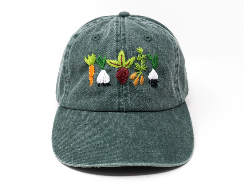 Hand Embroidered Mixed Vegetable Vege Garden Baseball Hat, Curved Brim Baseball Hat, Colorful Sun Summer Cap Green