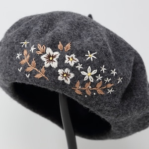 100% Wool Beret Hat, Handmade Grey Winter French Cap Hand Embroidered White Flower