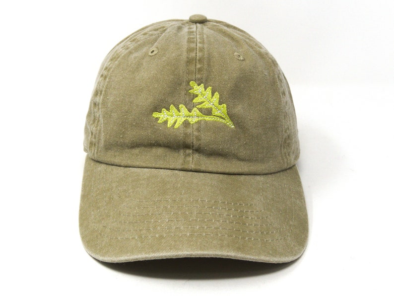 Arugula Embroidered Green Leaf Baseball Cap, Washed Cotton Curve Brim Summer Hat Khaki