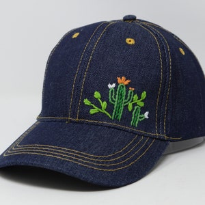 Cute Cactus Hand Embroider Trucker Cap, Demin Jean Baseball Cap Summer Hat, Navy Blue Demin Dad Cap image 1