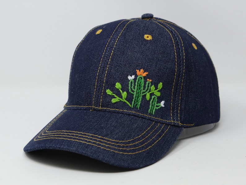 Cute Cactus Hand Embroider Trucker Cap, Demin Jean Baseball Cap Summer Hat, Navy Blue Demin Dad Cap image 1