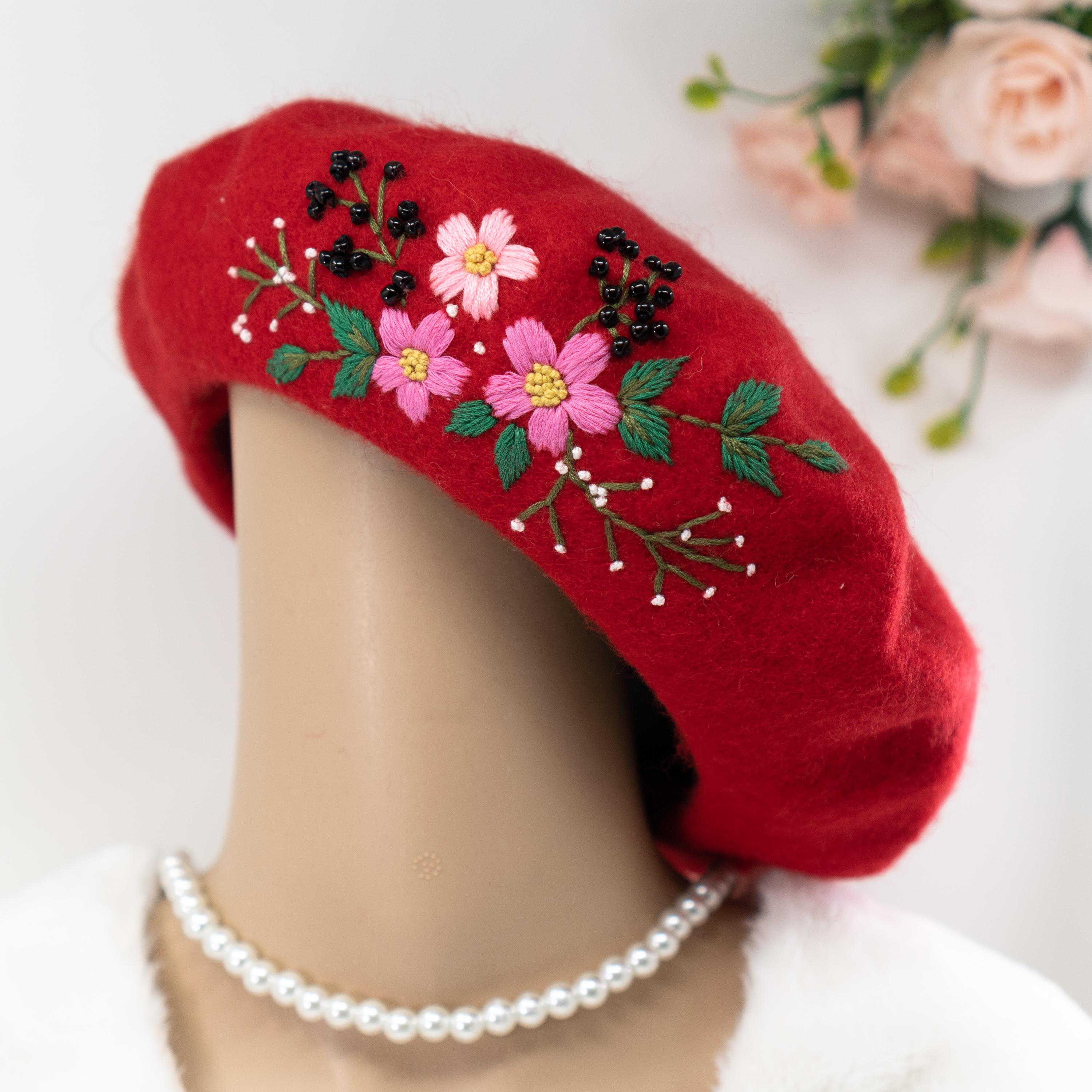 Handmade Wool Beret Hat for Women French Style Floral Side Design Winter Handmade Wool Beret With Floral Embroidery - French Style  main image 4