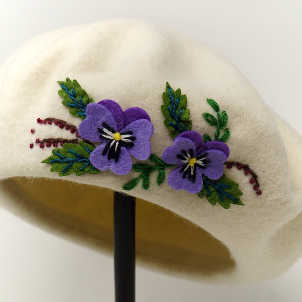 100% Wool Beret Hat, Handmade French Cap Pansy Flower Hand Embroidered Felt Stitch White Beret Hat