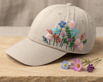 Delicate Hand Embroidered Wildflower Baseball Cap | Floral Stitched Hat | Daisy & Bloom Artisan Headwear | Boho Cottagecore Style